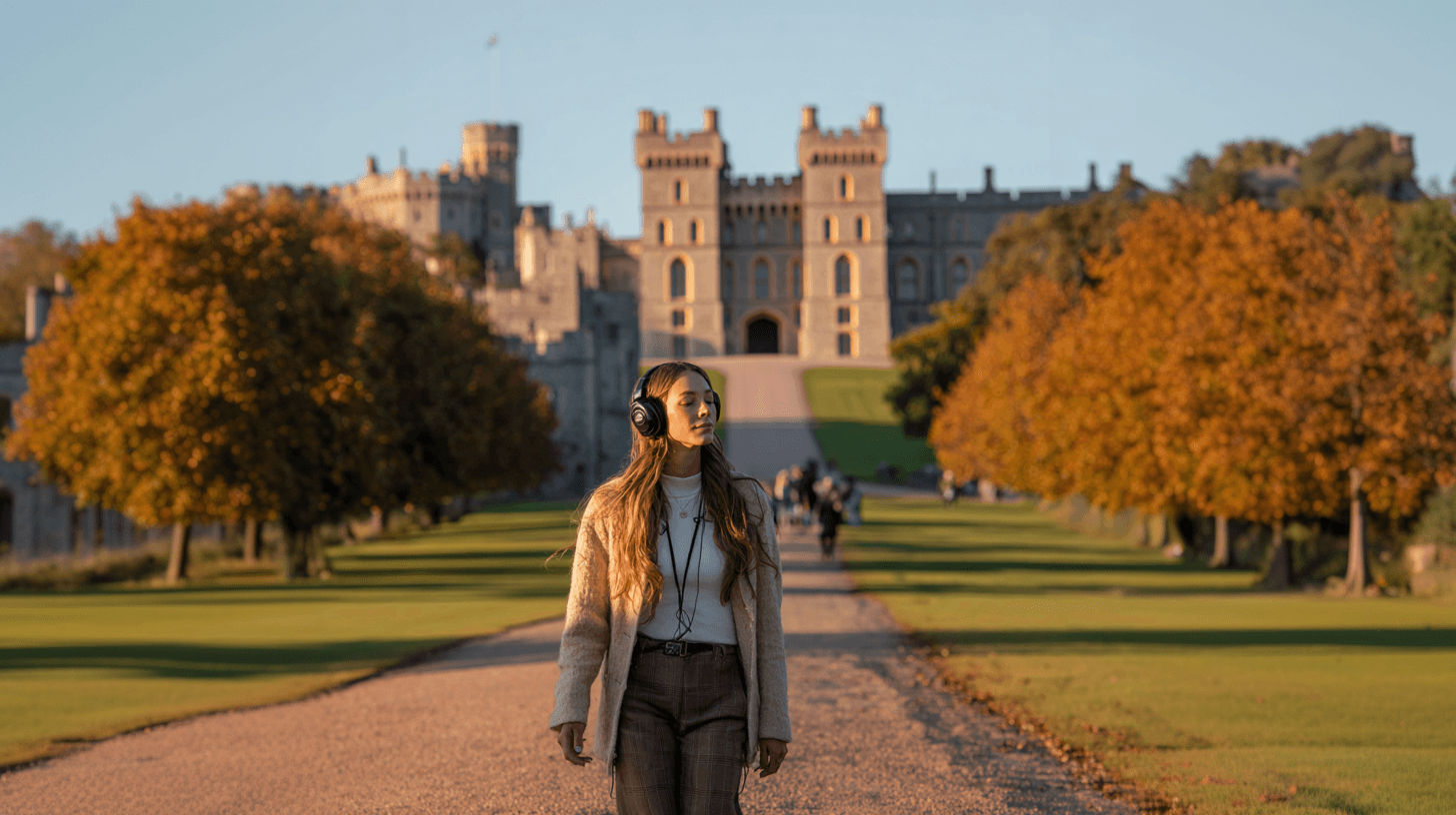 Woman walking toward a castle with Roam