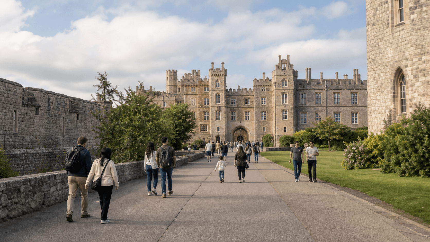Visitors walking through a castle courtyard at an iconic heritage destination