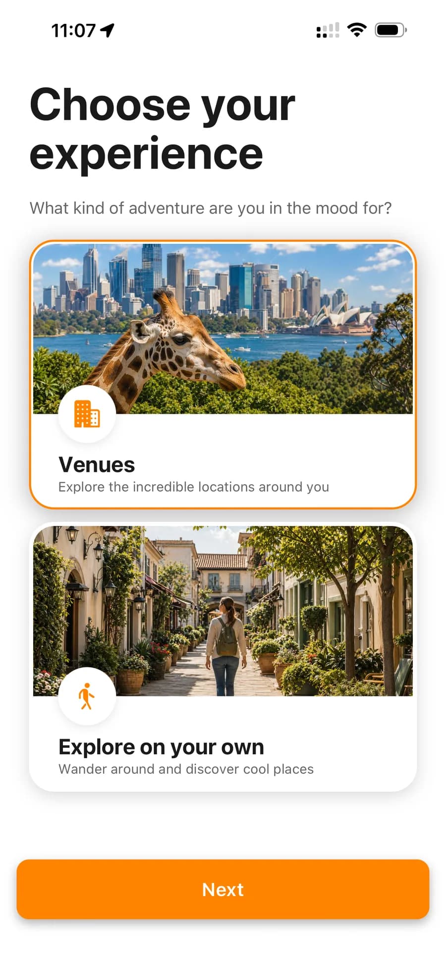 Roam app screen for choosing a destination experience
