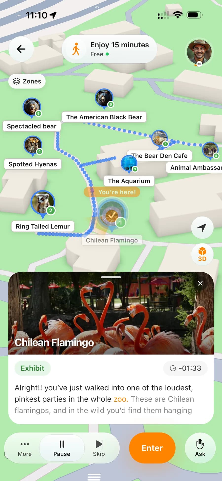 Roam venue map showing exhibits, route, and active story card