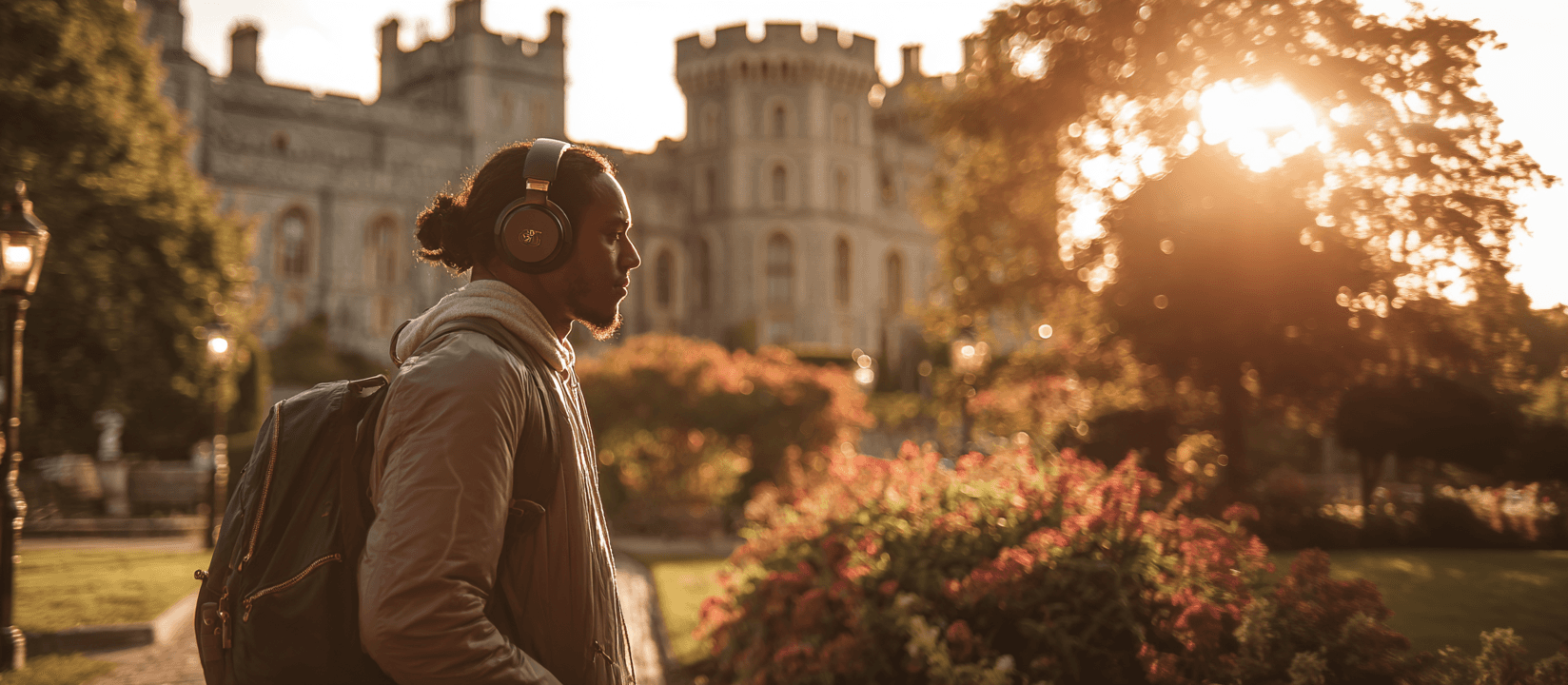 Visitor exploring a castle garden with a personal Roam guide